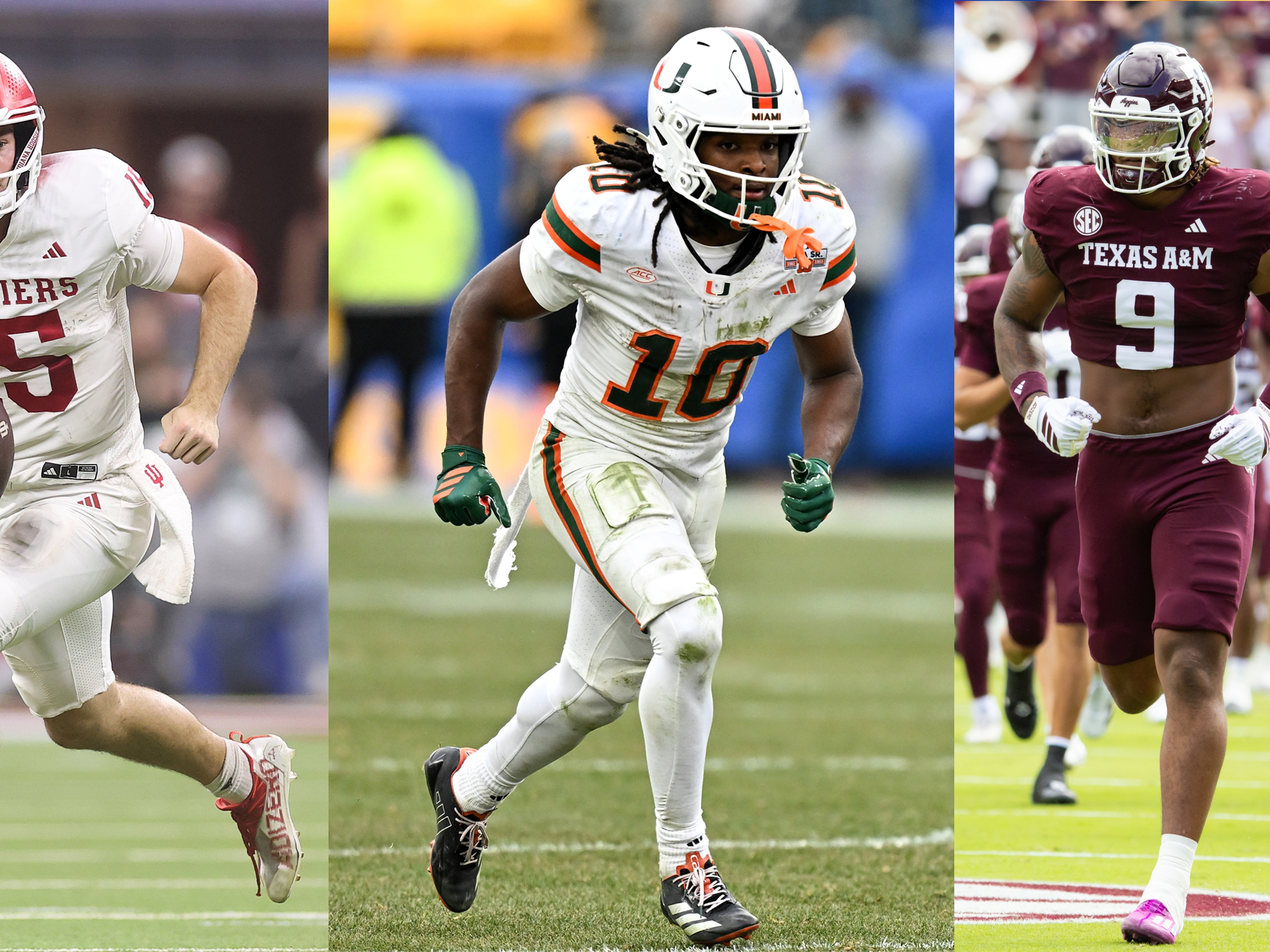 caption: The college football playoff begins Friday and among the stars set to shine during the first two rounds are (left to right): Indiana quarterback (and Heisman Trophy winner) Fernando Mendoza, University of Miami wide receiver Malachi Toney, and Texas A&amp;M linebacker Cashius Howell.