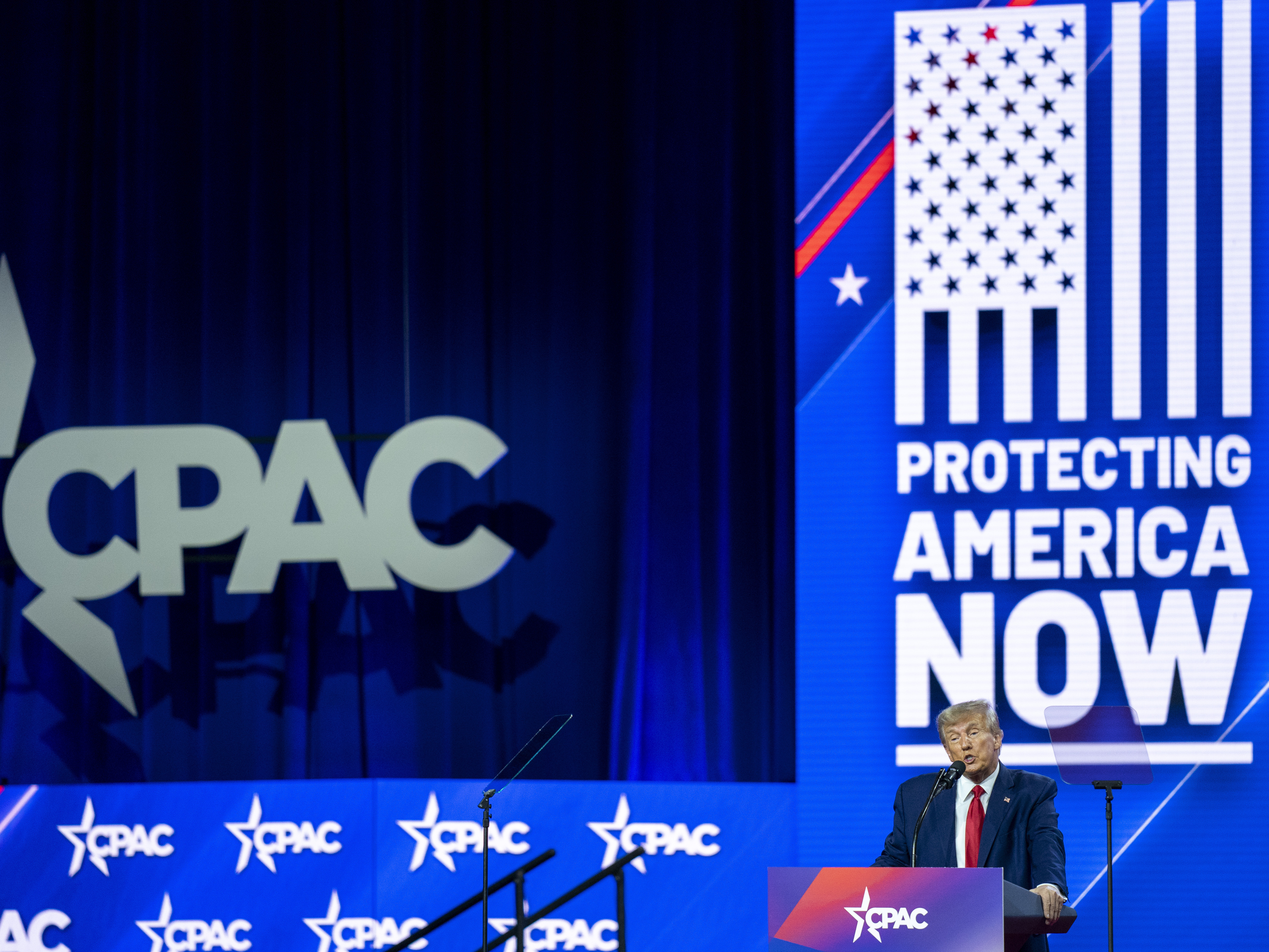 caption: Former President Donald Trump speaks at the Conservative Political Action Conference, CPAC 2023, Saturday, March 4, 2023, at National Harbor in Oxon Hill, Md.