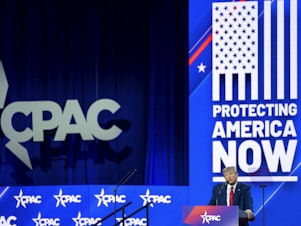caption: Former President Donald Trump speaks at the Conservative Political Action Conference, CPAC 2023, Saturday, March 4, 2023, at National Harbor in Oxon Hill, Md.