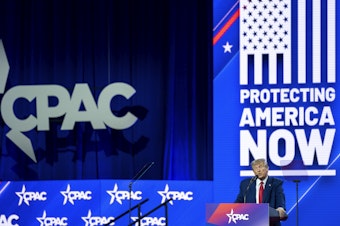 caption: Former President Donald Trump speaks at the Conservative Political Action Conference, CPAC 2023, Saturday, March 4, 2023, at National Harbor in Oxon Hill, Md.