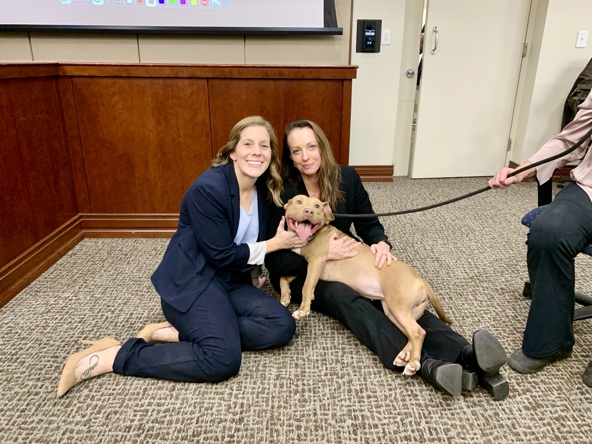 caption: Prosecutors Jessica Rock, right, and K.C. Pagnotta pose with Baby Shark — who was rescued from the alleged dogfighting operation as a puppy in 2022 — at the sentencing last week.