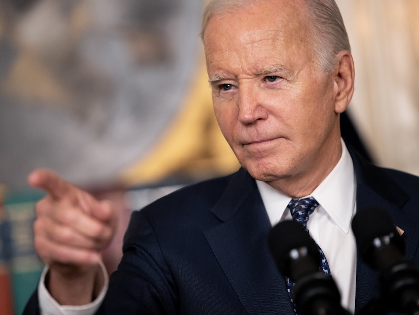 caption: President Biden delivers remarks Thursday at the White House. Biden addressed the special counsel's report on his handling of classified material, and the status of the war in Gaza.