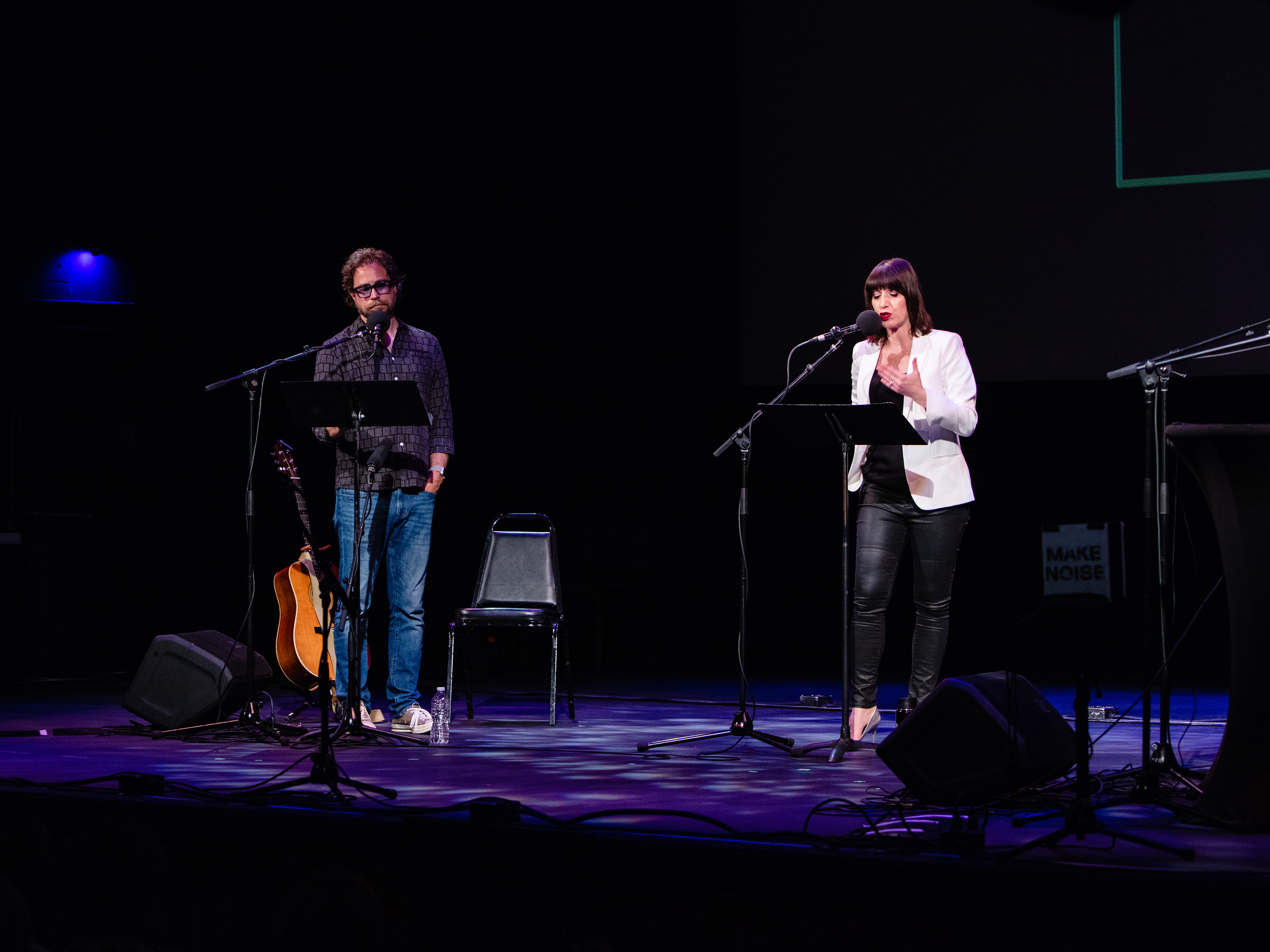 caption: Jonathan Coulton and Ophira Eisenberg lead <em>Ask Me Another'</em>s final round at the Paramount Theatre in Austin, Texas.