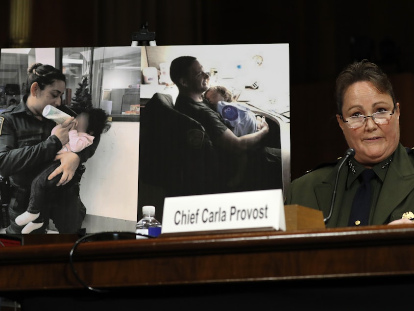 caption: U.S. Border Patrol Chief Carla Provost testifies by a photo of agents with children during a Senate Judiciary Border Security and Immigration Subcommittee hearing.