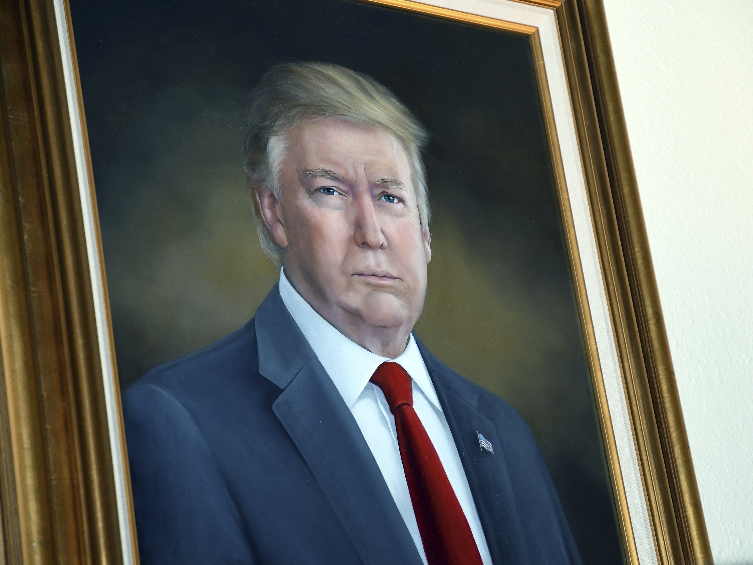 caption: President Trump's portrait in the Colorado Capitol in August 2019.