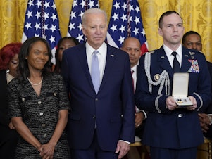caption: President Biden presented Serena Liebengood the Presidential Citizens Medal on behalf of her partner, U.S. Capitol Police officer Howard C. Liebengood, who died by suicide days after the Jan. 6 attack on the Capitol.