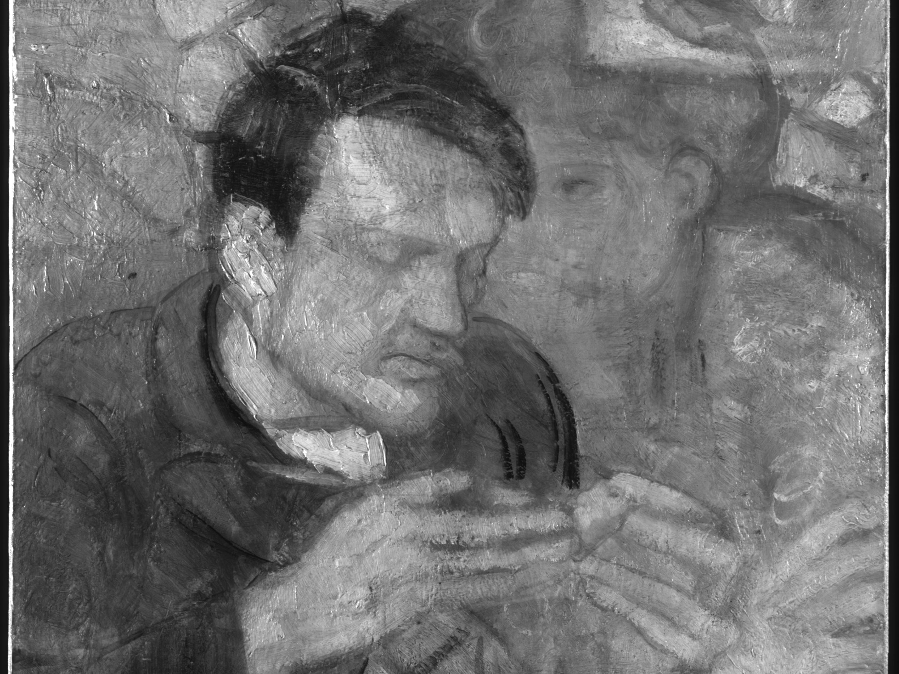 caption: An infrared image of Portrait of Mateu Fernández de Soto, revealing another portrait underneath.