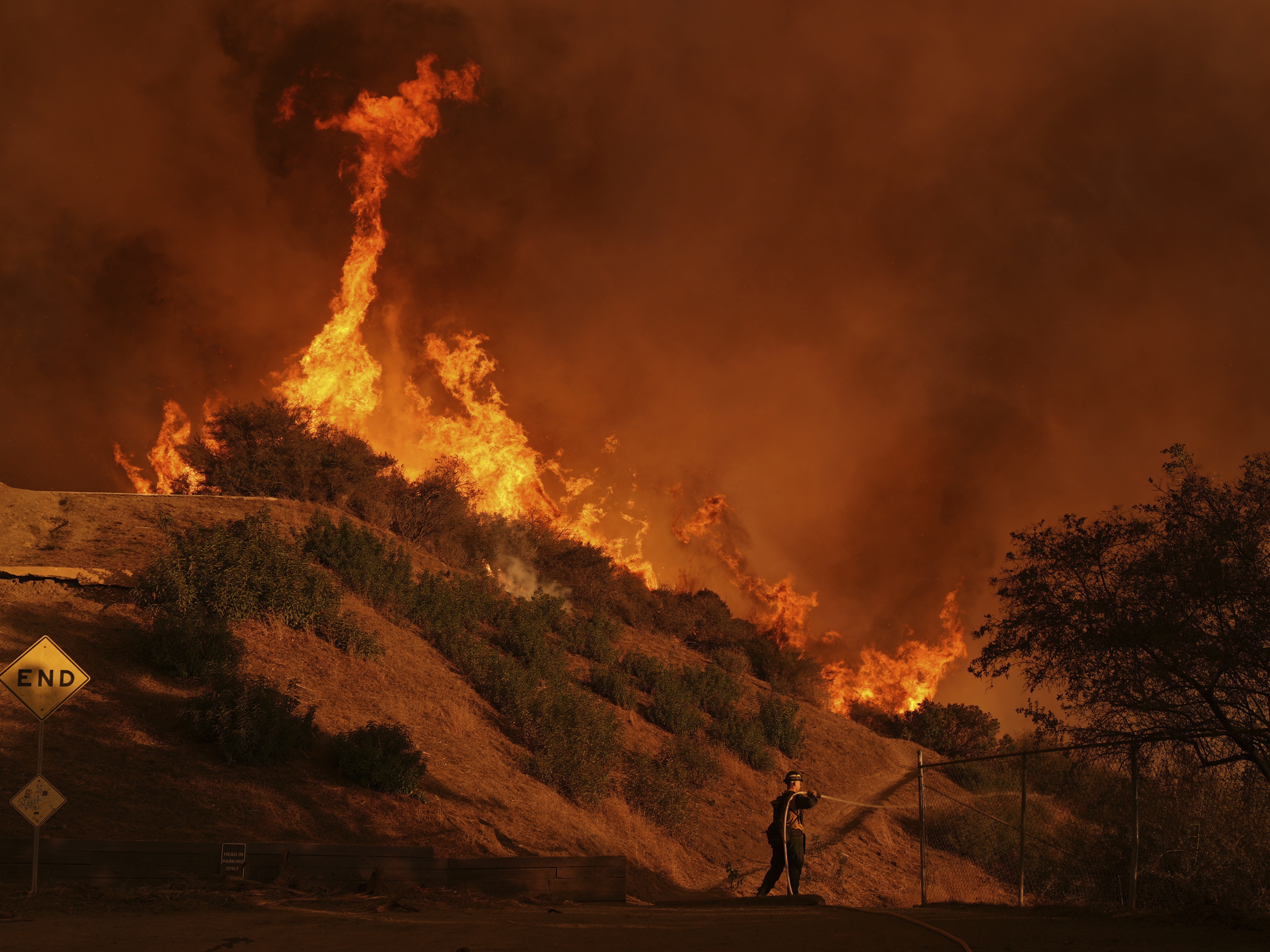 caption: A firefighter battles the Palisades Fire in Mandeville Canyon, north of the Brentwood neighborhood, on Saturday in Los Angeles.