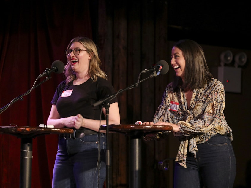 caption: Contestants Paige Bowman and Kim Souza appear on <em>Ask Me Another</em> at the Bell House in Brooklyn, New York.