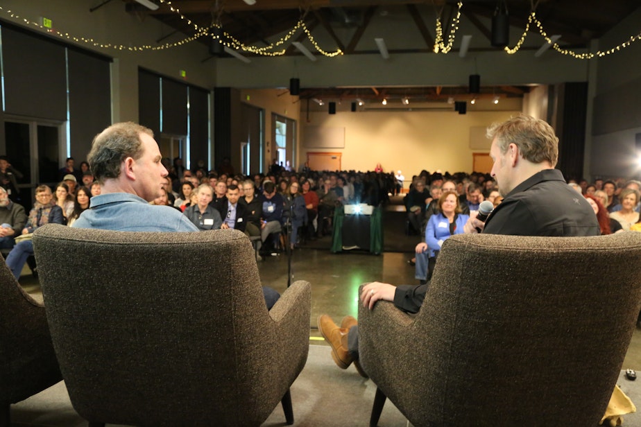 caption: Filmmaker Ian McAllister and Chris Morgan in front of a live audience on April 26, 2019 at The Mountaineers in Seattle.
