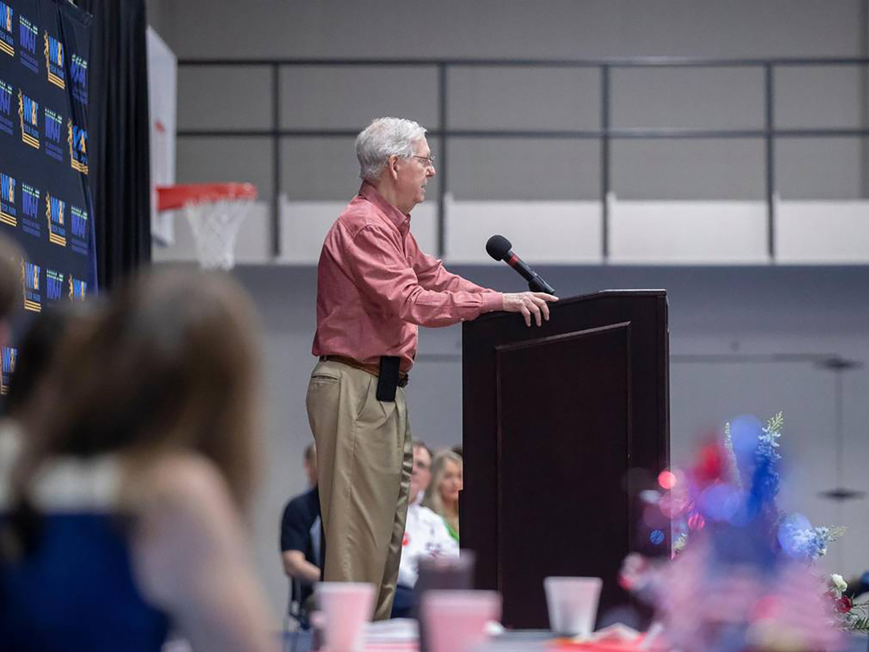 caption: Senate Minority Leader Mitch McConnell speaks at the Graves County Republican Party Breakfast in Mayfield, Ky. on Saturday.