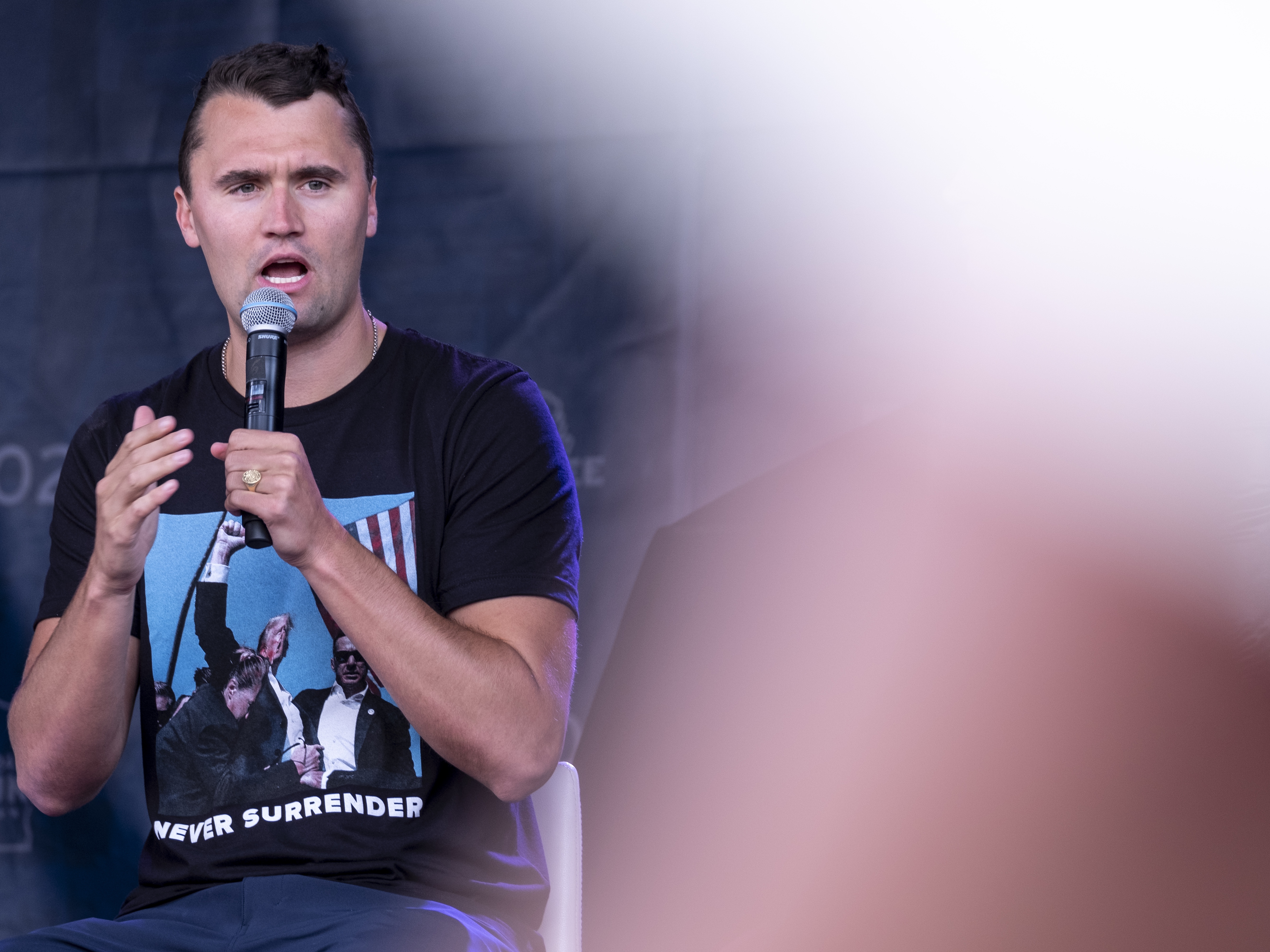 caption: Charlie Kirk is shown at the Republican National Convention in downtown Milwaukee, Wisc., on July 17, 2024.