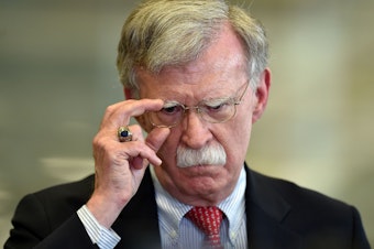 caption: John Bolton after a meeting in Minsk, Belarus, in late August, nearly two weeks before his ouster as President Trump's national security adviser.