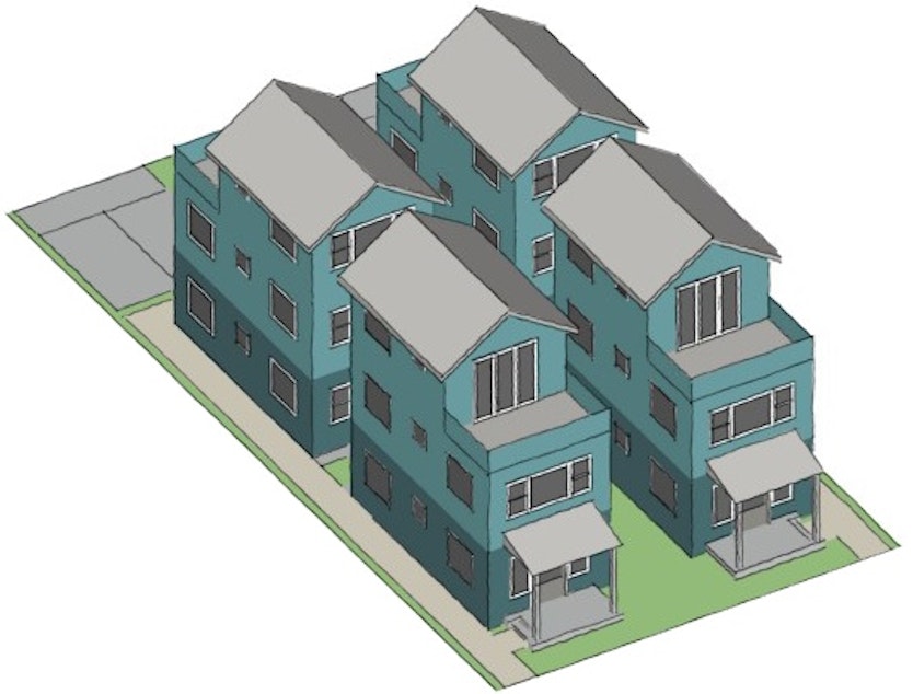 caption: Four freestanding homes, under the city's proposed new rules. This is an increase over existing rules in low density zones currently that allow 3 living units on a standard property (One primary home with an extra mother-in-law apartment plus a smaller backyard cottage)