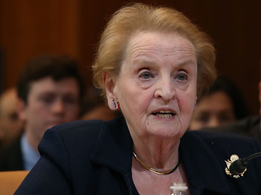 caption: Former Secretary of State Madeleine Albright testifies during a Senate Appropriations Committee hearing on Capitol Hill in 2017 in Washington, D.C.