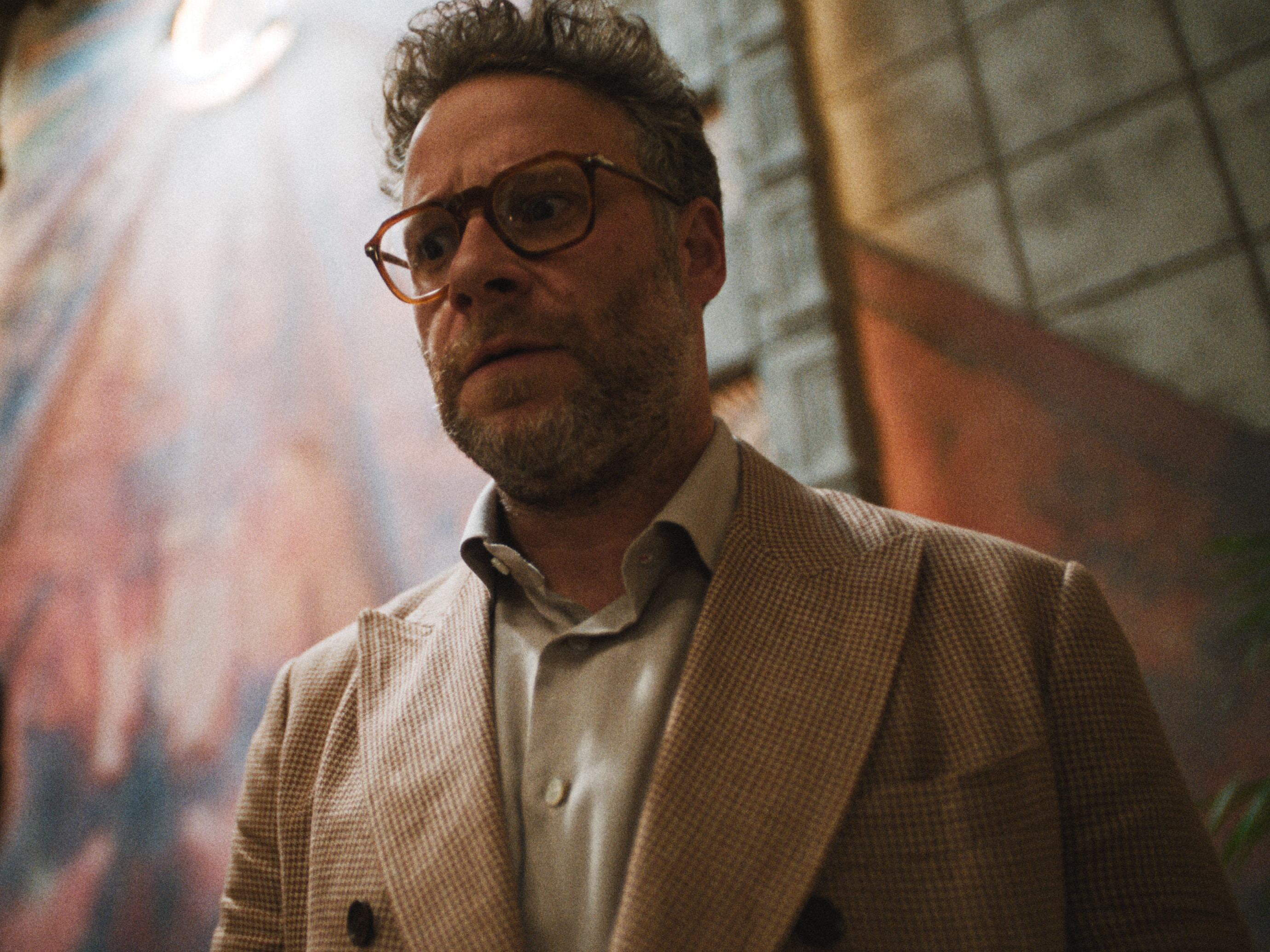 caption: Seth Rogen plays a flustered Hollywood executive who gets an unexpected promotion in his new Apple TV+ comedy series <em>The Studio. </em>Just like real studio executives, Rogen says, his character is "very panicked and stressed out and wears it on his sleeve."