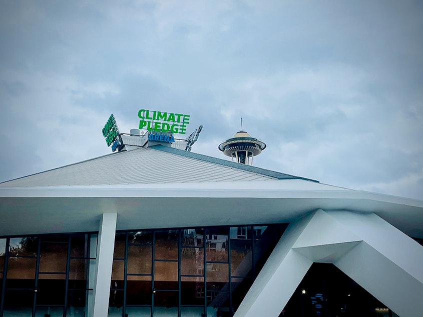 caption: Climate Pledge Arena in Seattle. 