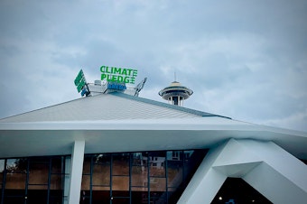 caption: Climate Pledge Arena in Seattle. 