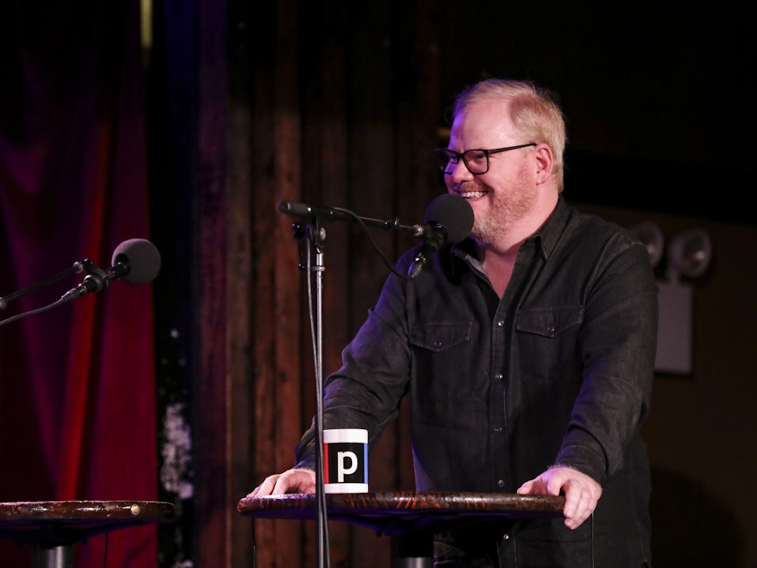 caption: Jim Gaffigan plays a round of Wisdom of the Crowd on Ask Me Another at the Bell House in Brooklyn, New York.
