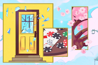 caption: Illustration of a yellow door with shattered glass, poker chips, and a cherry blossom tree. Reference illustrations courtesy of Canva and Istock.
