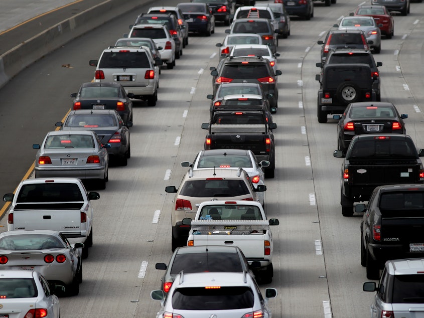 caption: Morning traffic fills the SR2 freeway in Los Angeles, California. The EPA released new rules for vehicle emissions that are expected to cut tailpipe pollution and greenhouse gas emissions, which are fueling climate change.