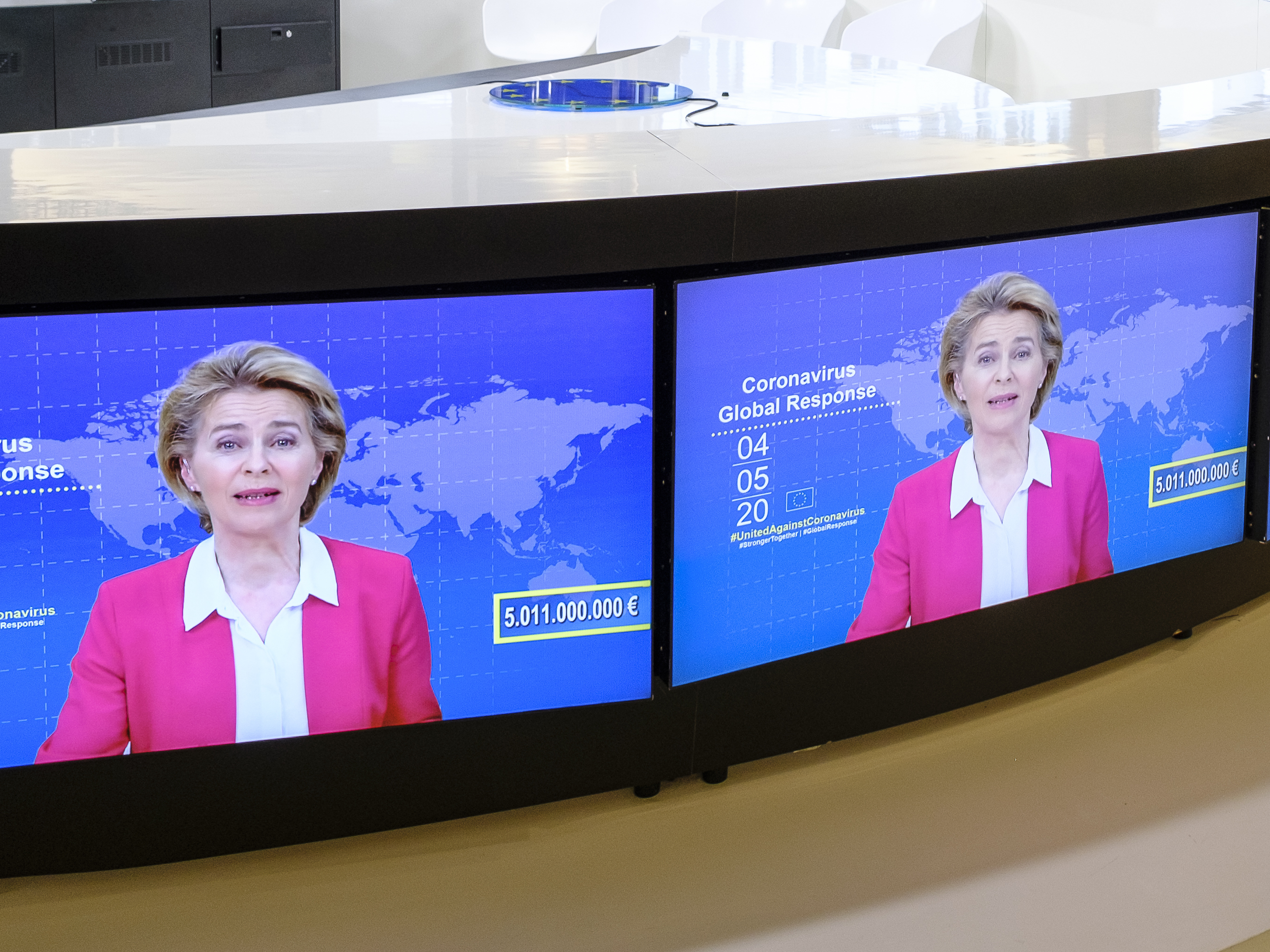 caption: European Commission President Ursula von der Leyen led an international coronavirus global response meeting, announcing some $8 billion in pledges from donors worldwide. The Trump administration did not participate in the event.