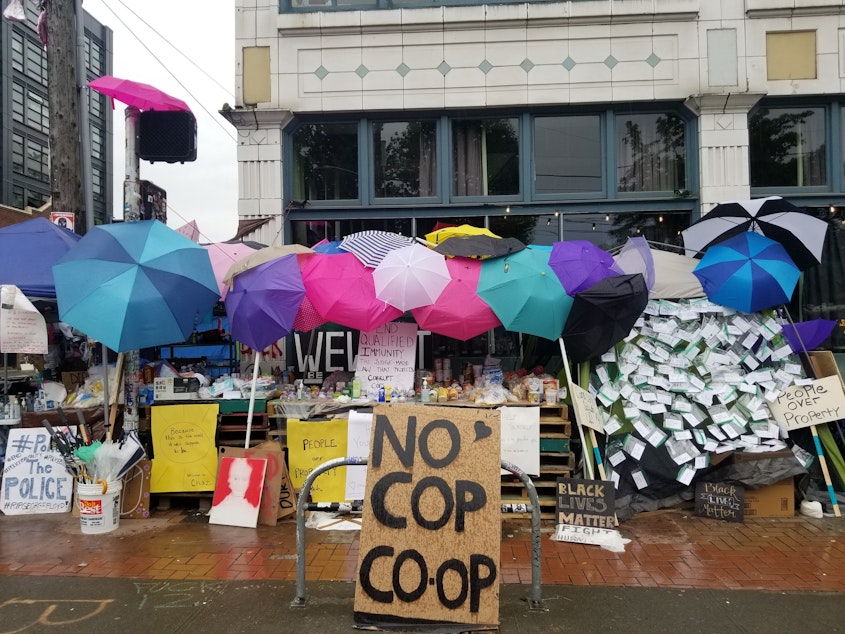 caption: The umbrellas that protesters used to shield themselves from tear gas and pepper spray covered a new makeshift coop with free food.