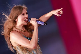 caption: Taylor Swift performs during her Eras Tour at Sofi stadium in Inglewood, Calif., on Aug. 7, 2023.