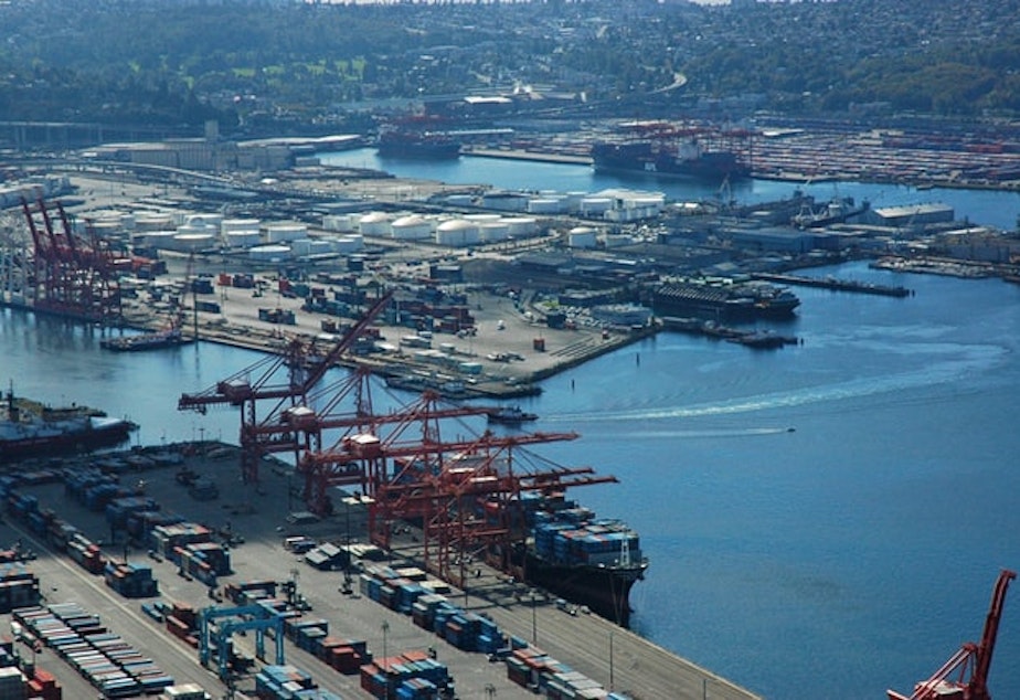 caption: Shipping containers at the Port of Seattle.
