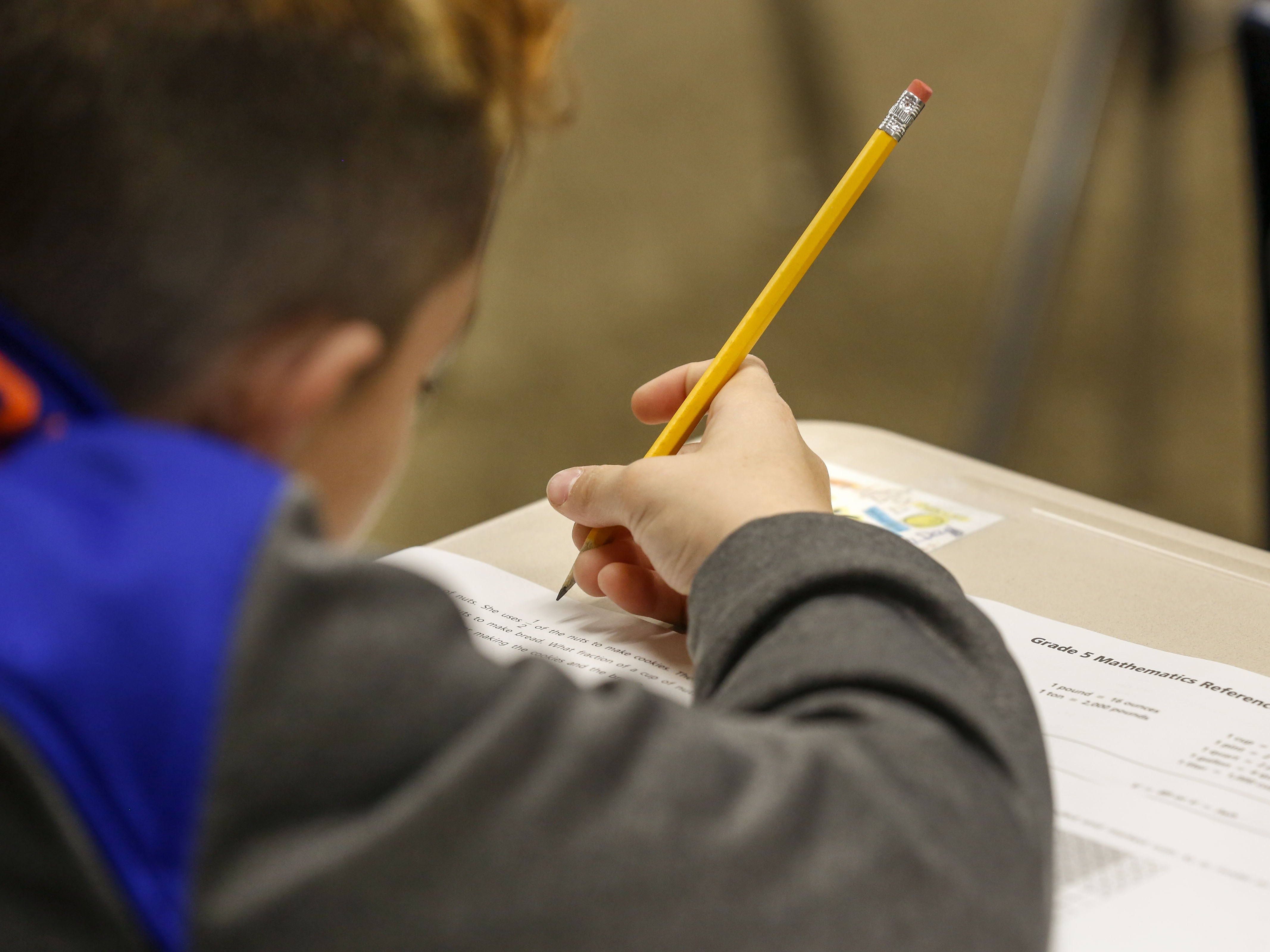 caption: A student at Longwood Middle School in Middle Island, N.Y., takes a math test.