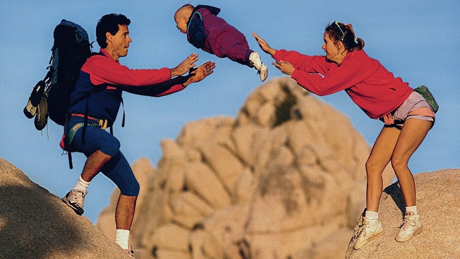 caption: This 1991 photo became famous in the climbing community after appearing in a 1995 Patagonia catalog. Almost three decades after the photo was taken, Jordan Leads, the baby pictured, is grown up and tells NPR about her perspective on the photo.