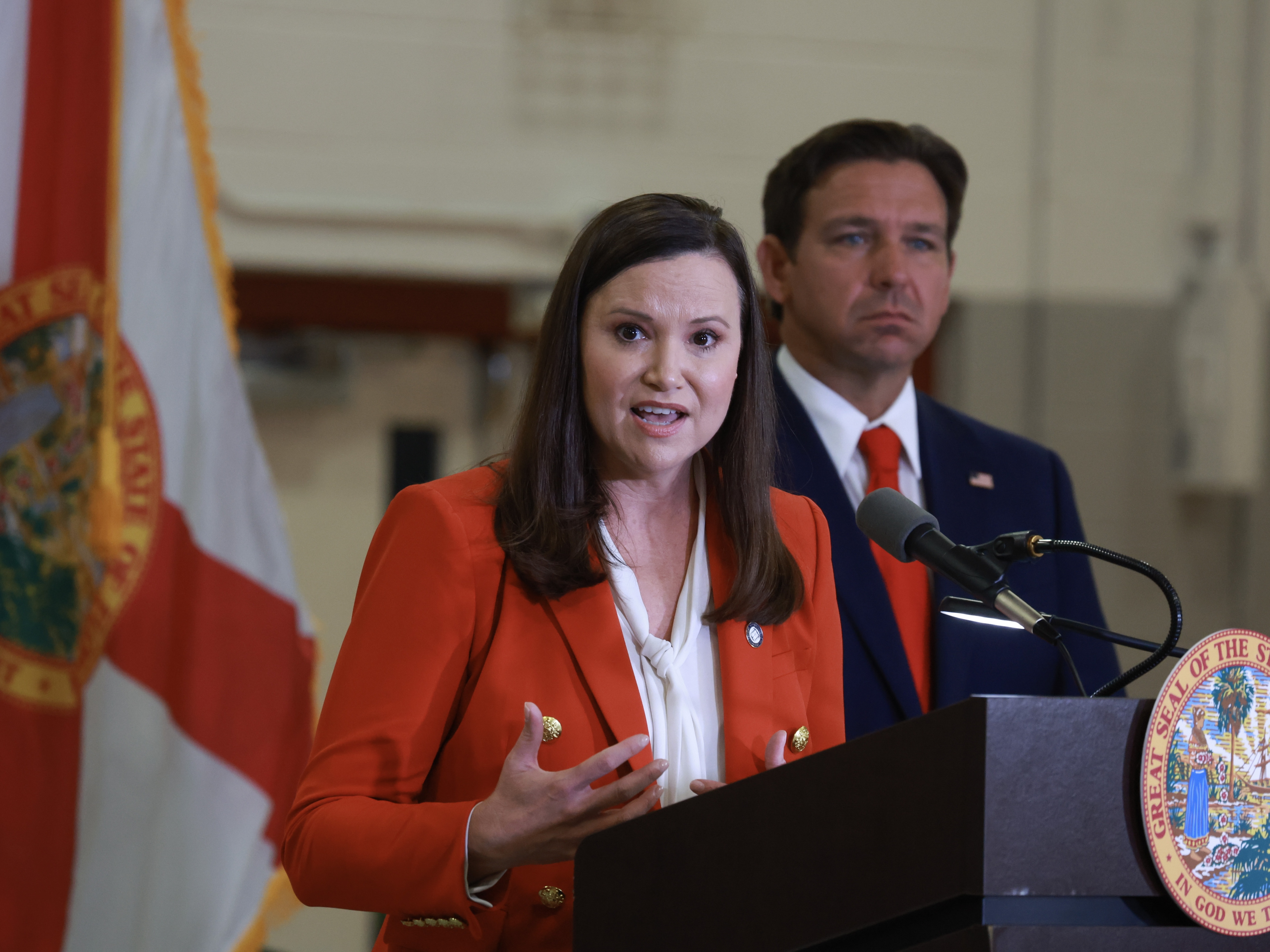 caption: Florida Attorney General Ashley Moody is suing the administrator of the Federal Emergency Management Agency. She's accusing FEMA officials of discriminating against Florida hurricane victims who support President-elect Donald Trump.