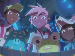 caption: Kipo (center) and friends make their surprisingly cheerful way through a post-apocalyptic hellscape beset by giant mutant animals in <em>Kipo and the Age of Wonderbeasts.</em>