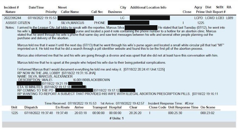 caption: A police report taken July 18, 2022, in League City, Texas, details a complaint from Marcus Silva about materials he said he found in his then-wife's purse nearly a week earlier. Personally identifying information has been redacted.