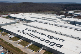 caption: Some 4,300 hourly workers at this Volkswagen automobile assembly plant in Chattanooga, Tenn., are voting this week on whether to join the United Auto Workers union.