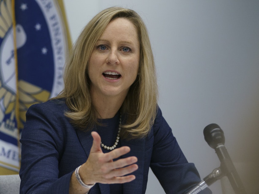 caption: Consumer Financial Protection Bureau Director Kathy Kraninger speaks to media in Washington, D.C., in December 2018.