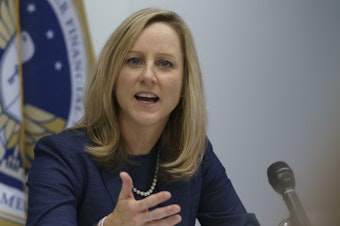 caption: Consumer Financial Protection Bureau Director Kathy Kraninger speaks to media in Washington, D.C., in December 2018.
