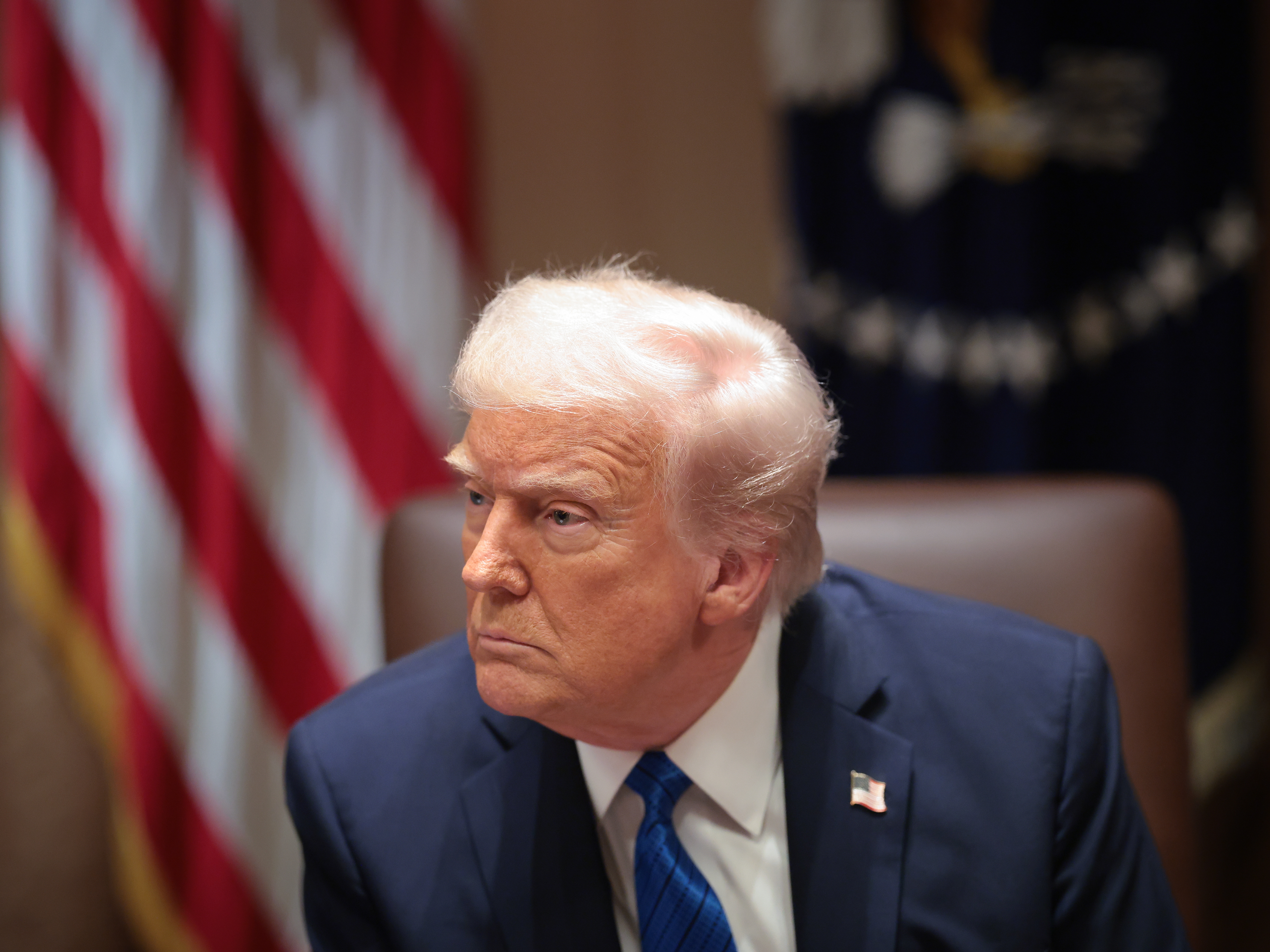 caption: President Trump takes questions from reporters on Tuesday at the White House, where he addressed the news that Jeffrey Goldberg, the editor-in-chief of <em>The Atlantic</em>, was accidentally added to a Signal group chat of top administration officials, where highly sensitive national security information was discussed.