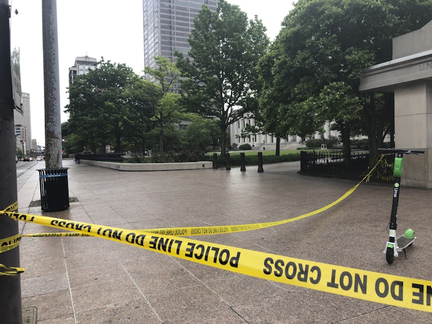 caption: Police tape marks a corner of the Ohio Statehouse in Columbus last May after protests over the death of George Floyd. Columbus police are investigating the shooting death of a Black man last week by a Franklin County sheriff's deputy.