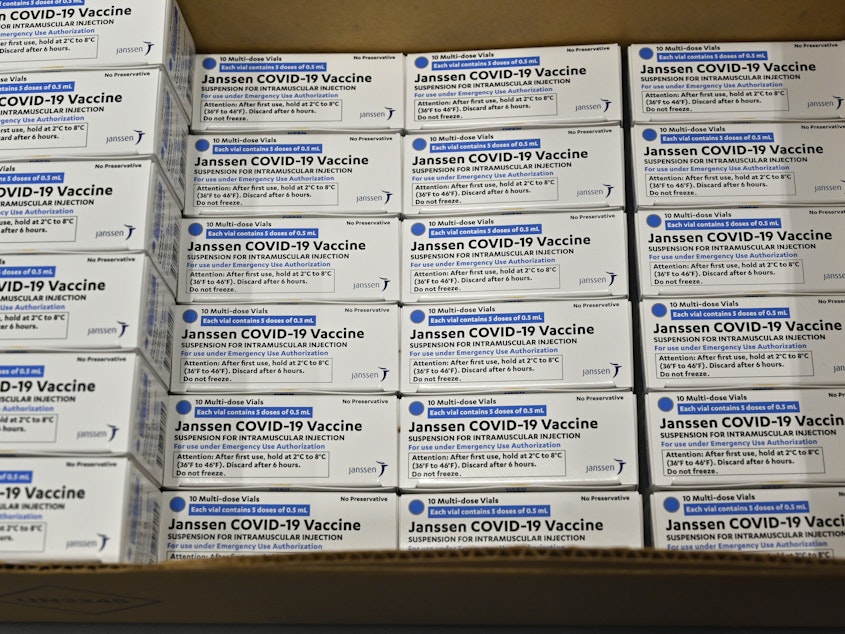 caption: Doses of the Johnson & Johnson COVID vaccine is packaged in a box at the McKesson facility on March 1, 2021 in Shepherdsville, Kentucky.