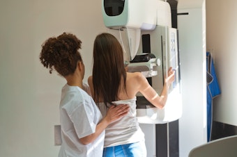 caption: The new guidelines were prompted by increased rates of breast cancer in women in their 40s. They recommend mammograms every other year, starting at age 40.