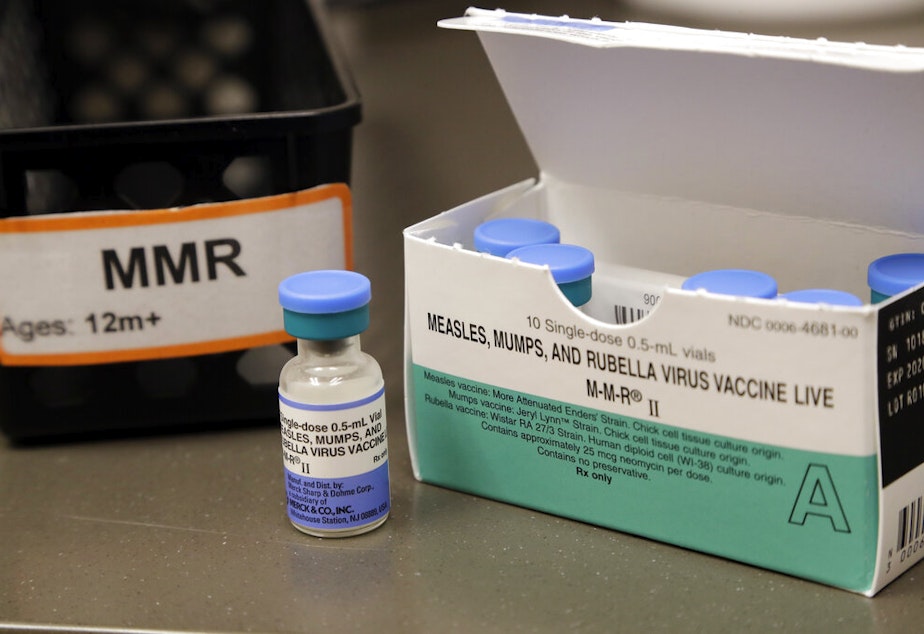 caption: In this May 15, 2019, file photo, a dose of the measles, mumps and rubella vaccine is displayed at the Neighborcare Health clinics at Vashon Island High School in Vashon Island, Wash. 