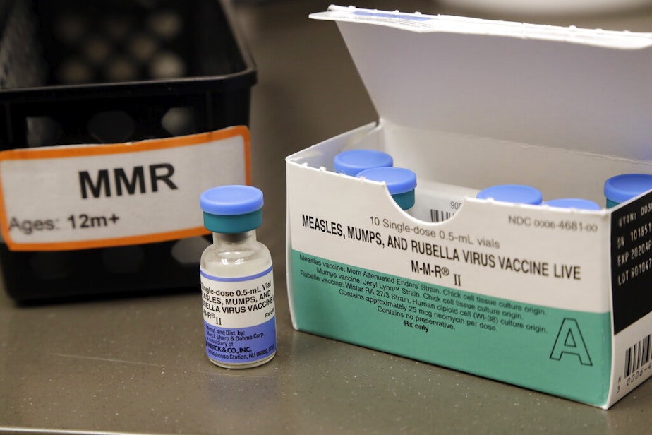 caption: In this May 15, 2019, file photo, a dose of the measles, mumps and rubella vaccine is displayed at the Neighborcare Health clinics at Vashon Island High School in Vashon Island, Wash. 