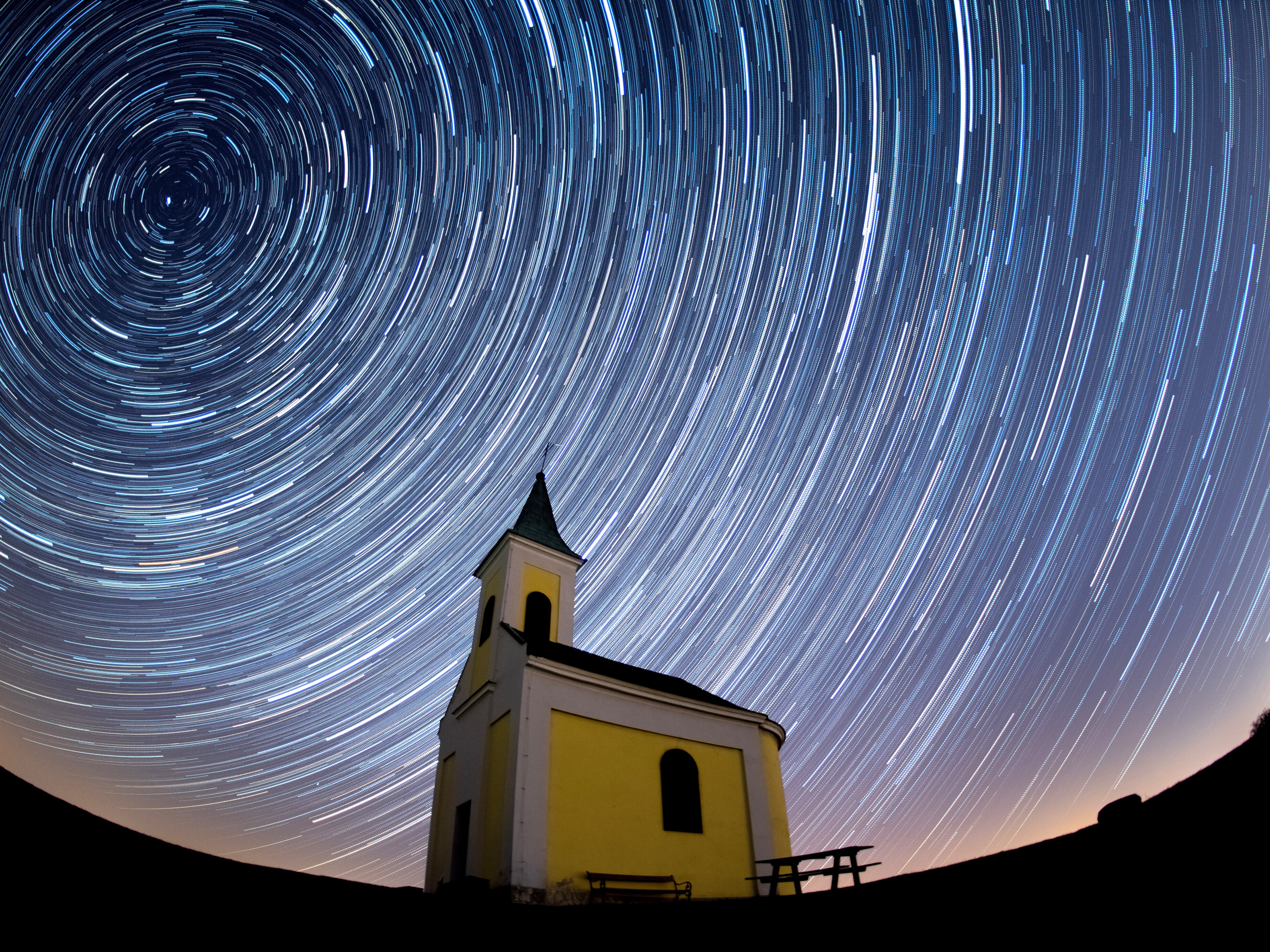 caption: (EDITORS NOTE: Multiple exposures were combined to produce this image.) Startrails are seen during the Lyrid meteor shower over Michaelskapelle on April 21, 2020 in Niederhollabrunn, Austria.