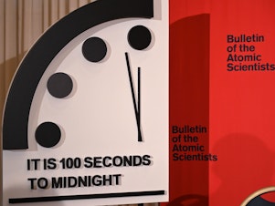 caption: The Doomsday Clock reads 100 seconds to midnight, a decision made by the <em>Bulletin of the Atomic Scientists</em> that was announced Thursday. The clock is intended to represent the danger of global catastrophe.