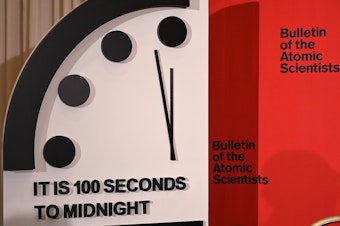 caption: The Doomsday Clock reads 100 seconds to midnight, a decision made by the <em>Bulletin of the Atomic Scientists</em> that was announced Thursday. The clock is intended to represent the danger of global catastrophe.