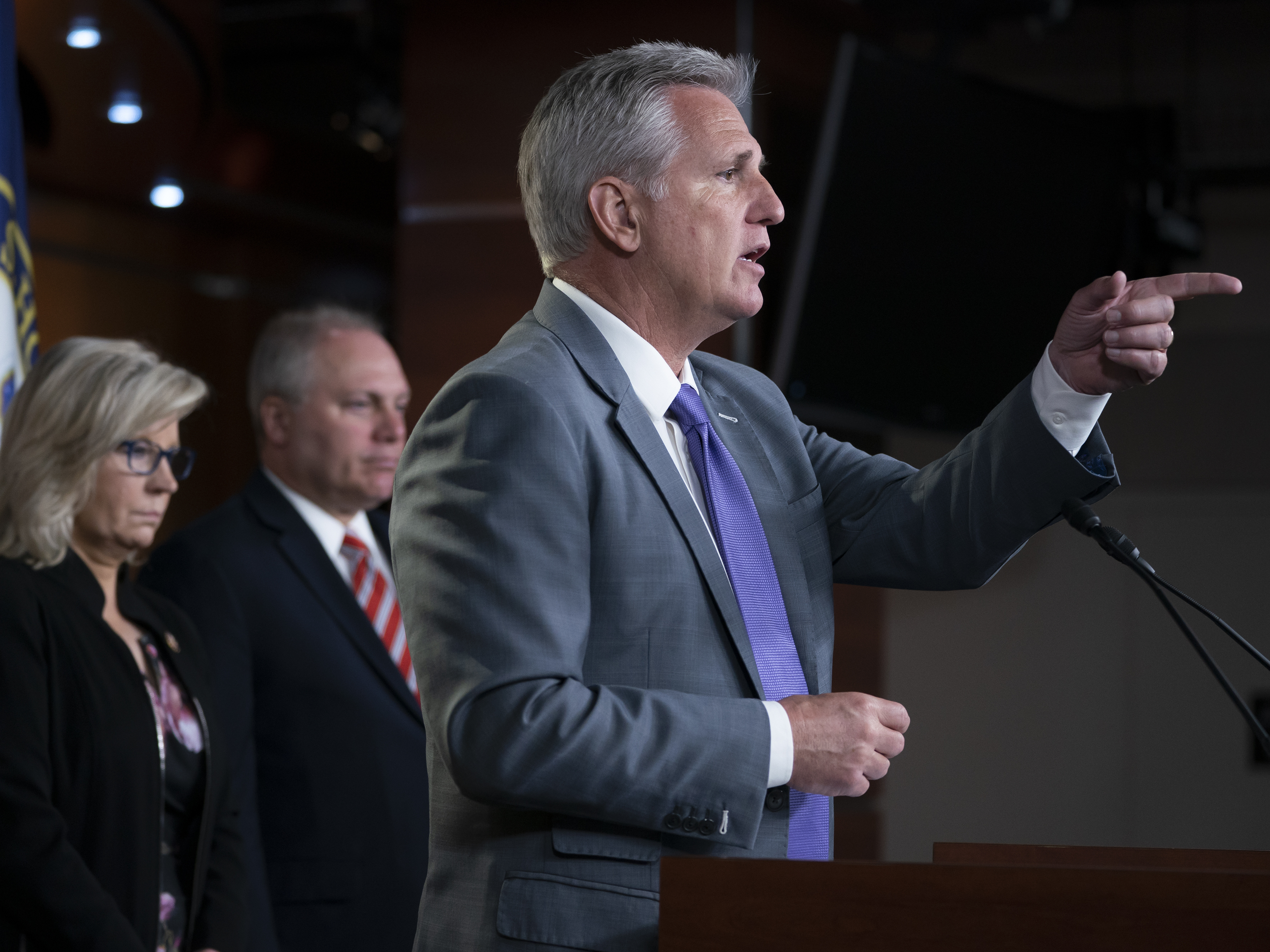 caption: House Republican Leader Kevin McCarthy, R-Calif., joined from left by House Republican Conference chair Rep. Liz Cheney, R-Wyo., and Minority Whip Steve Scalise, R-La., speaks to reporters prior to a vote called by House Speaker Nancy Pelosi, D-Calif., to condemn what she called "racist comments" by President Donald Trump, at the Capitol on July 16, 2019. (AP Photo/J. Scott Applewhite)