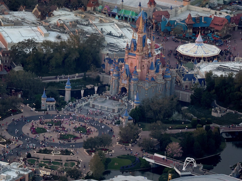 caption: In an aerial view, Walt Disney World's iconic Cinderella Castle is seen on the grounds of the theme park this February. On Monday, Florida Gov. Ron DeSantis took control of Disney's special tax district.