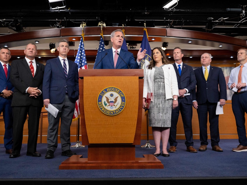 caption: House Minority Leader Kevin McCarthy, appears alongside Republican House leadership, at a June press conference in the U.S. Capitol.