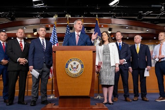 caption: House Minority Leader Kevin McCarthy, appears alongside Republican House leadership, at a June press conference in the U.S. Capitol.